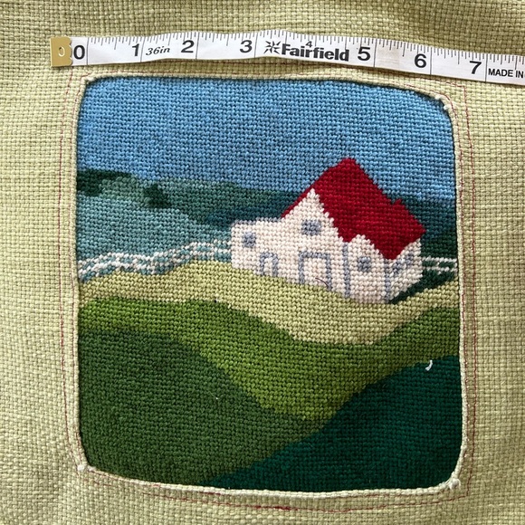 Needlepoint Pillow Scenic Farmhouse Landscape Handmade, 15x15” - Picture 6 of 7